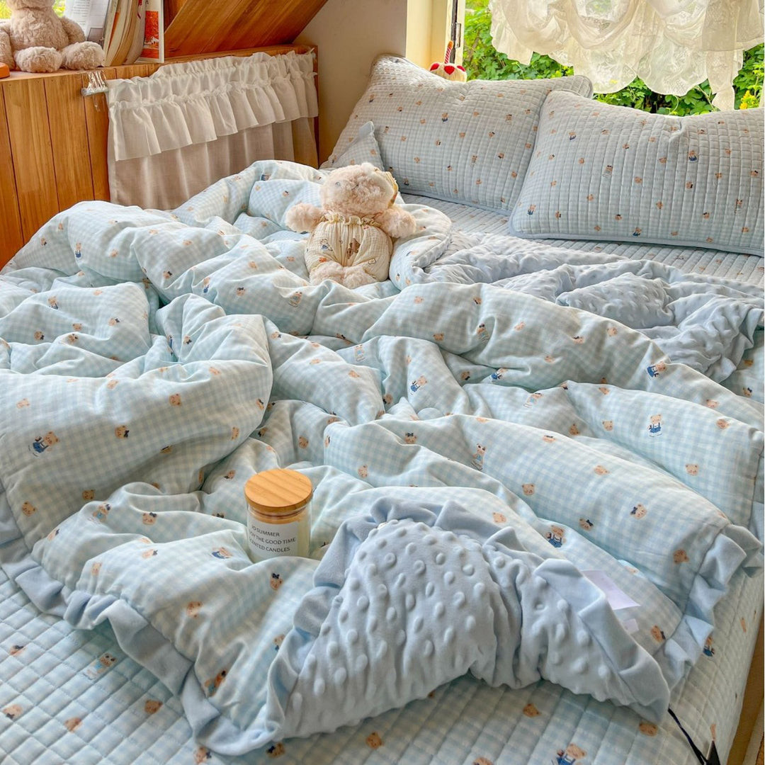 Children's Quilted Reversible Minky-Back Duvet Comforter Set with Ruffled Edge