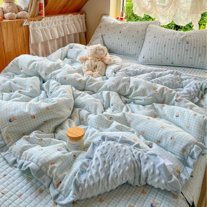 Children's Quilted Reversible Minky-Back Duvet Comforter Set with Ruffled Edge