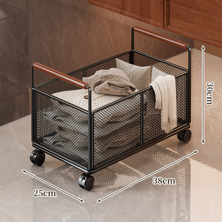Rectangular Metal Mesh Storage Basket with Dual Wood-Hand Grips