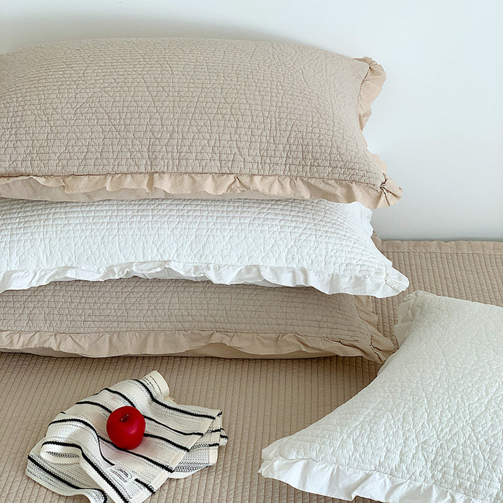 Waffle-Texture Ruffled-Hem Bedspread and Quilted Pillow Sham Set