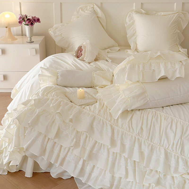 Romantic ruffle bedspread with lace trim