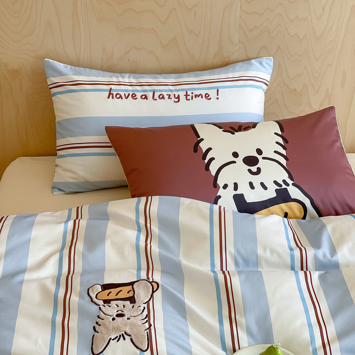 Playful Cartoon Appliqué Striped Cotton Duvet Cover Set