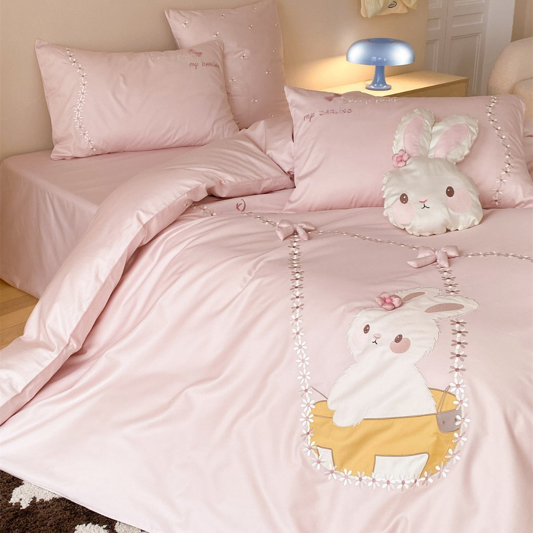 Bunny Appliqué Cotton Sateen Duvet Cover Set with Embroidered Floral Trails & Decorative Sham