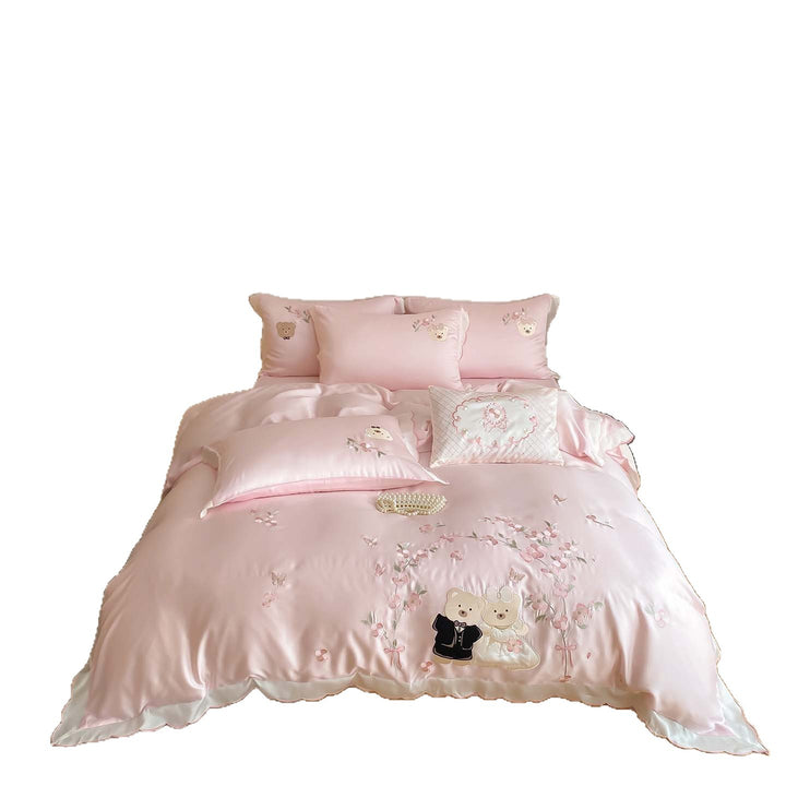 Satin bedding set with embroidered wedding bears, ruffled hem & decorative pillows