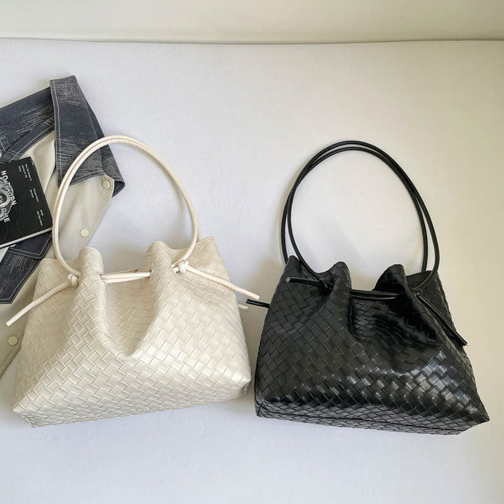 Woven Leather Bucket Bag with Pouch