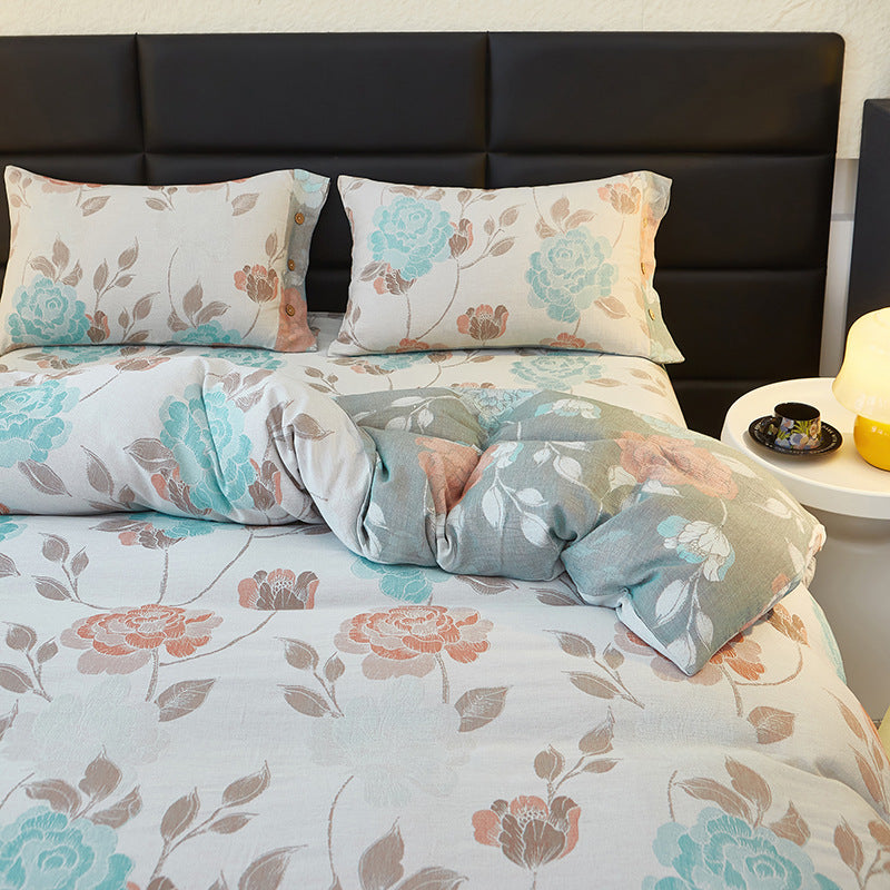 Reversible Cotton Floral Duvet Cover Set with Button Closure & Matching Pillow Shams