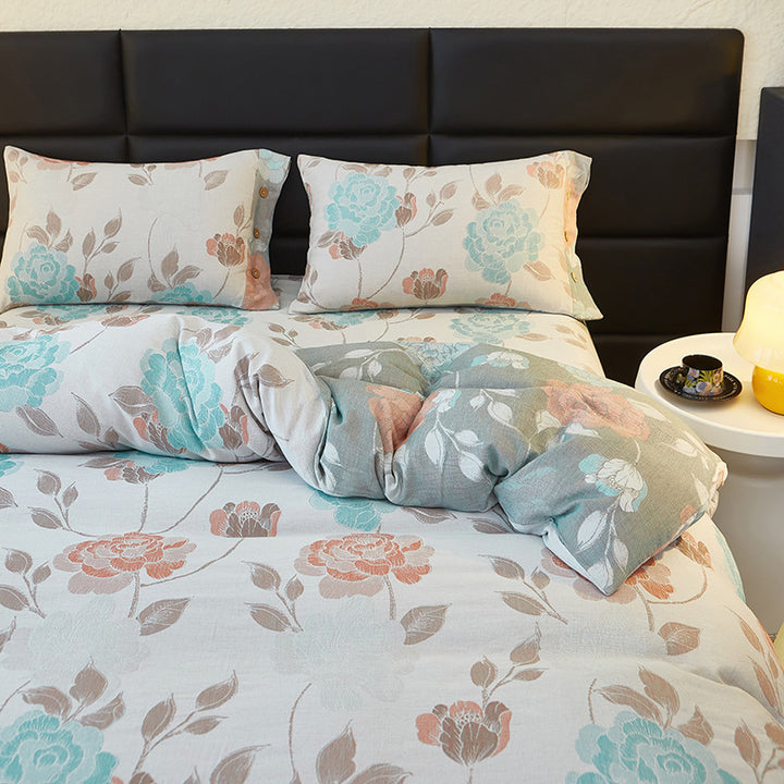 Reversible Cotton Floral Duvet Cover Set with Button Closure & Matching Pillow Shams