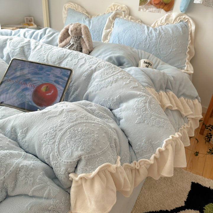 Plush Ruffled Embossed Velvet Comforter Set with Layered Frill Shams
