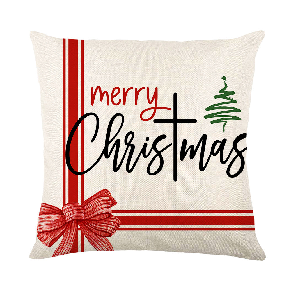 Holiday Linen Throw Pillow Cover with Merry Bright Script and Ribbon Bow Accent
