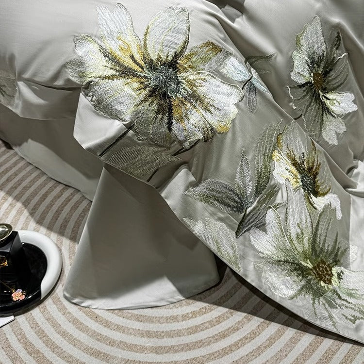 Luxury Embroidered Botanical Cotton-Sateen Duvet Cover Set with Decorative Pillow Shams