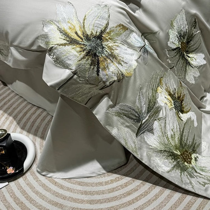 Luxury Embroidered Botanical Cotton-Sateen Duvet Cover Set with Decorative Pillow Shams