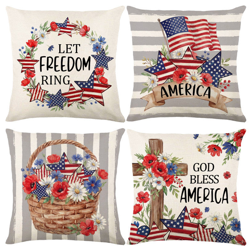 Patriotic Decorative Throw Pillow Cover with American Flag Stars and Floral Banner