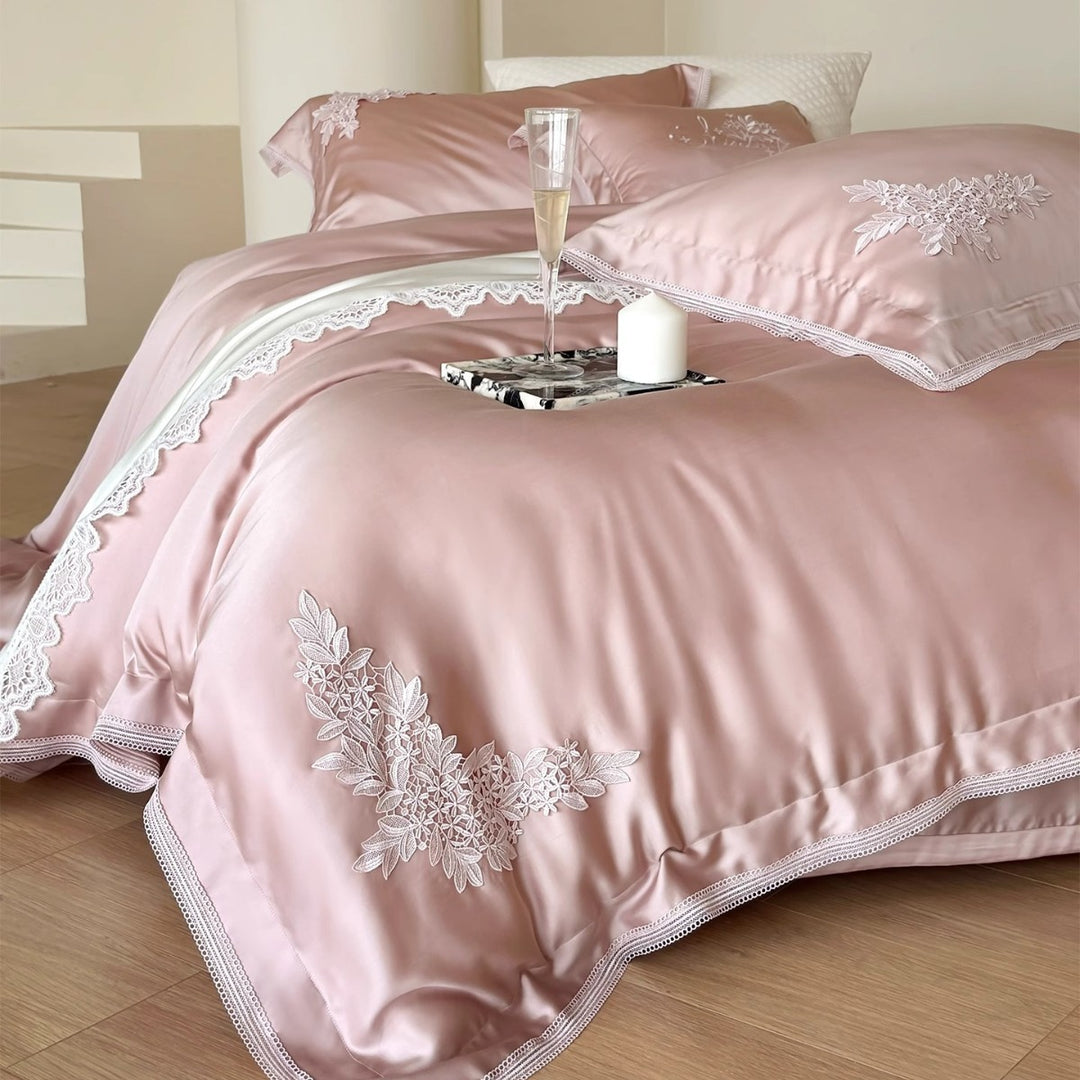 Silky Satin Duvet Ensemble with Floral Appliqué Embroidery, Scalloped Lace Border & Hidden Closure