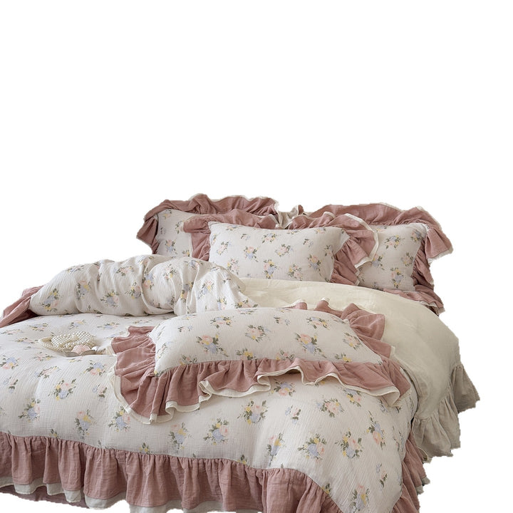 Quilted Floral Ruffled Duvet Cover Set with Pillow Shams and Layered Ruffle Hem