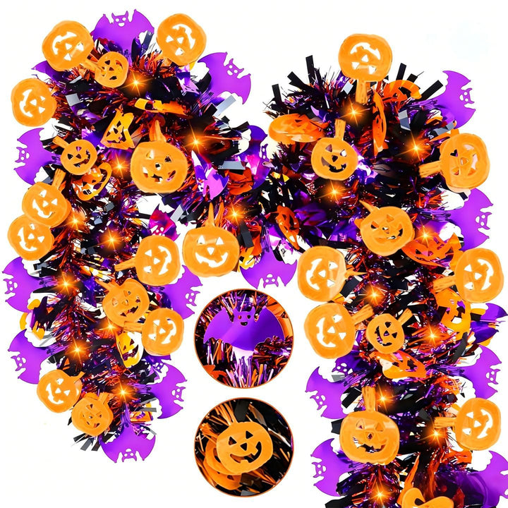 Shiny Halloween garland made of plastic with pumpkin confetti and dense fringes