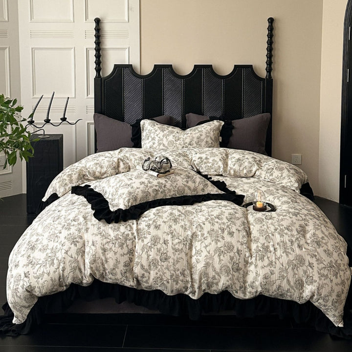 Crinkled Cotton Ruffled Duvet Cover Set with Floral Textured Finish & Frilled Shams
