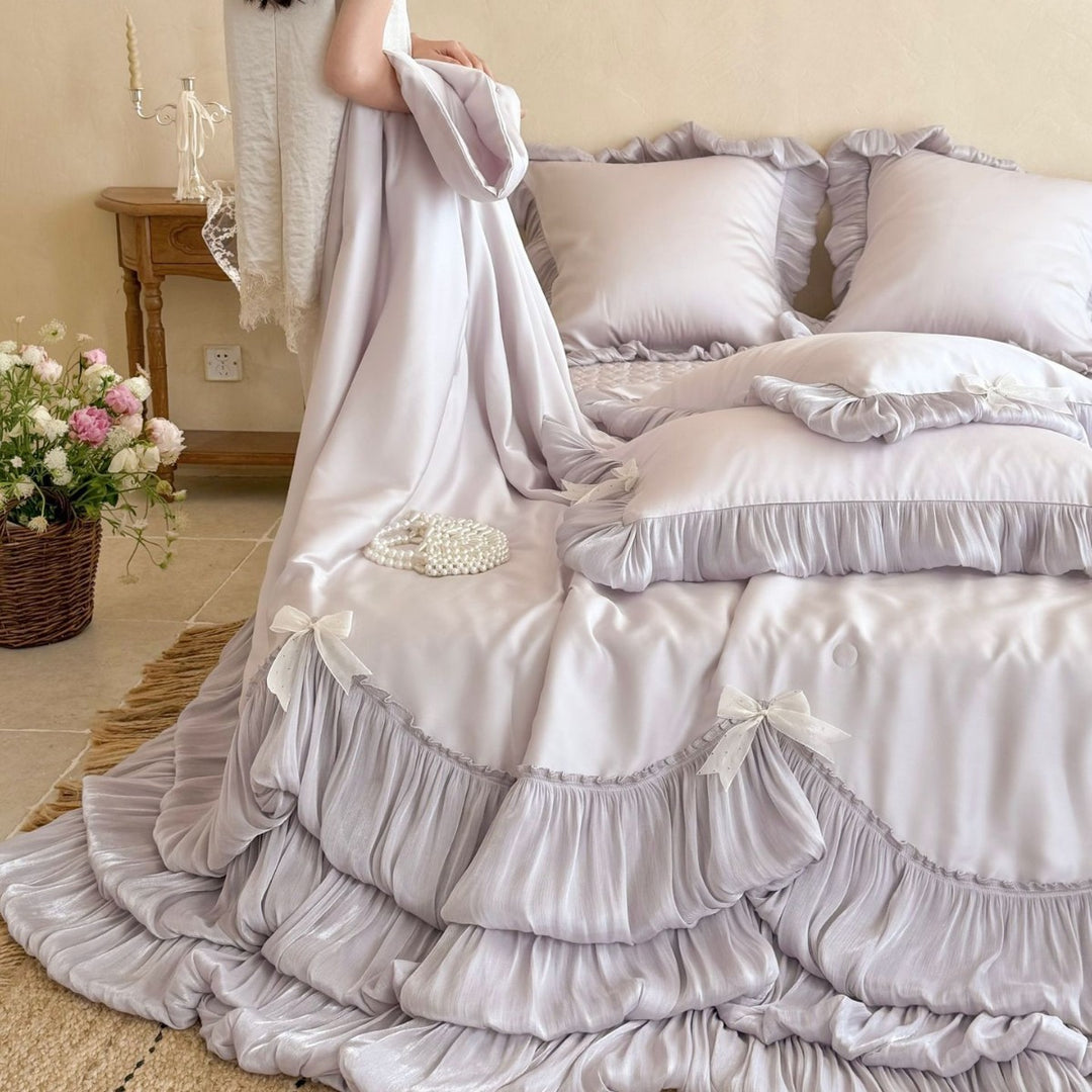 Layered Pleated Satin-Feel Tiered Bedspread Set with Ruffled Pillow Shams