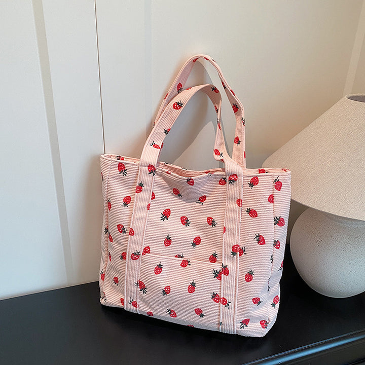 Playful Strawberry Print Corduroy Tote Bag Stornfield
