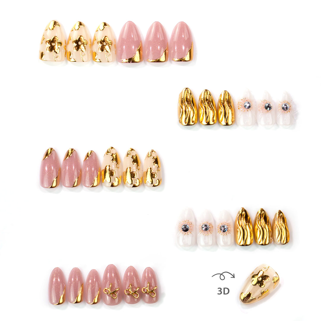Decorative Press-On Nail Set with Gold Accents