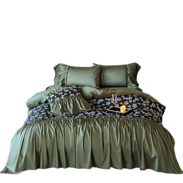 Ruffled Reversible Satin-Feel Duvet Cover Set with Floral Panel and Gathered Bed Skirt