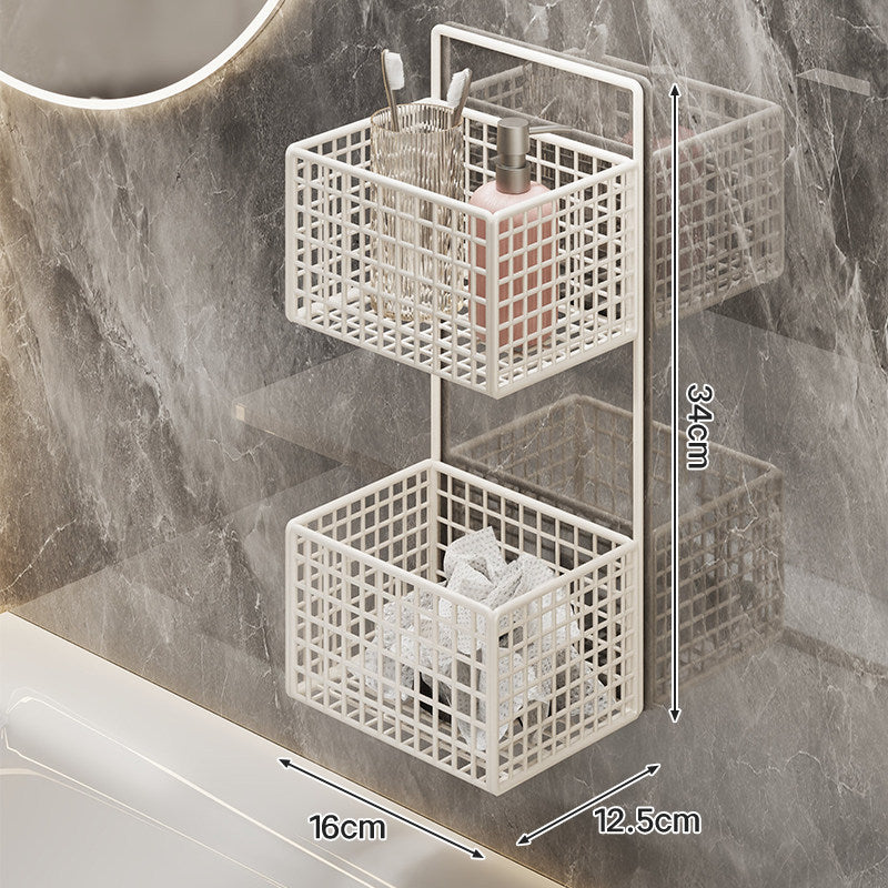 Wall-Mounted Metal Grid Bathroom Caddy with Triple Compartments Hooks and Drainable Base