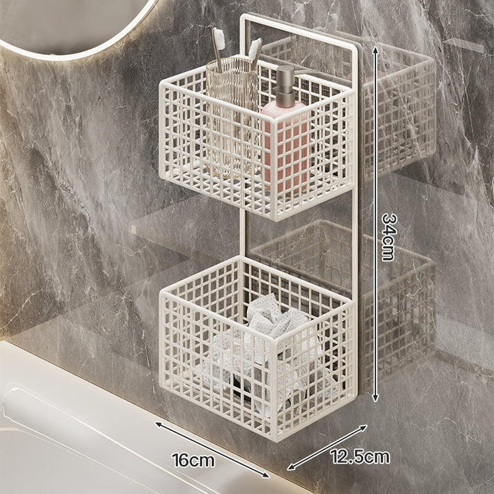 Wall-Mounted Metal Grid Bathroom Caddy with Triple Compartments Hooks and Drainable Base