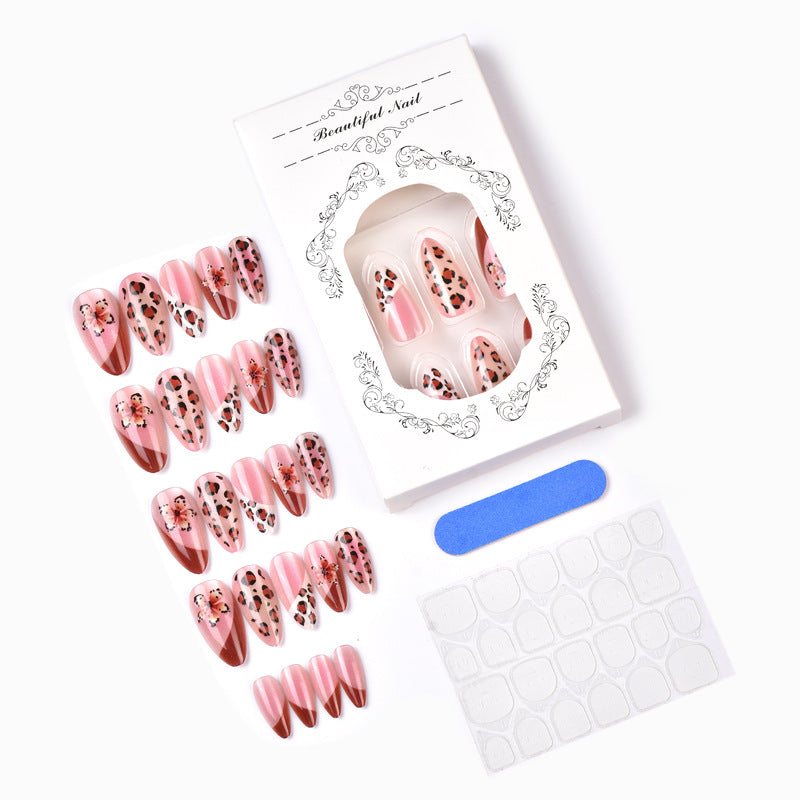 Artistic Press-On Nail Art Set with Floral and Leopard Designs
