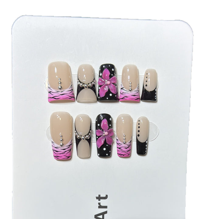 Decorative Press-On Nail Set with Floral and Striped Design Stornfield