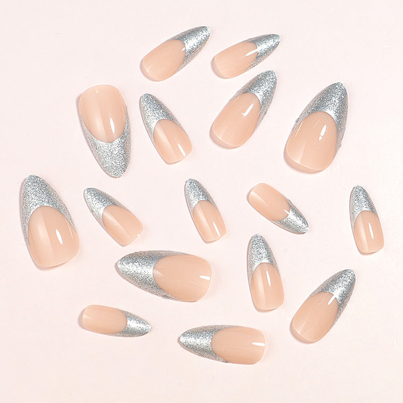 Elegant Glossy Almond-Shaped Press-On Nails with Silver Glitter Tips Stornfield