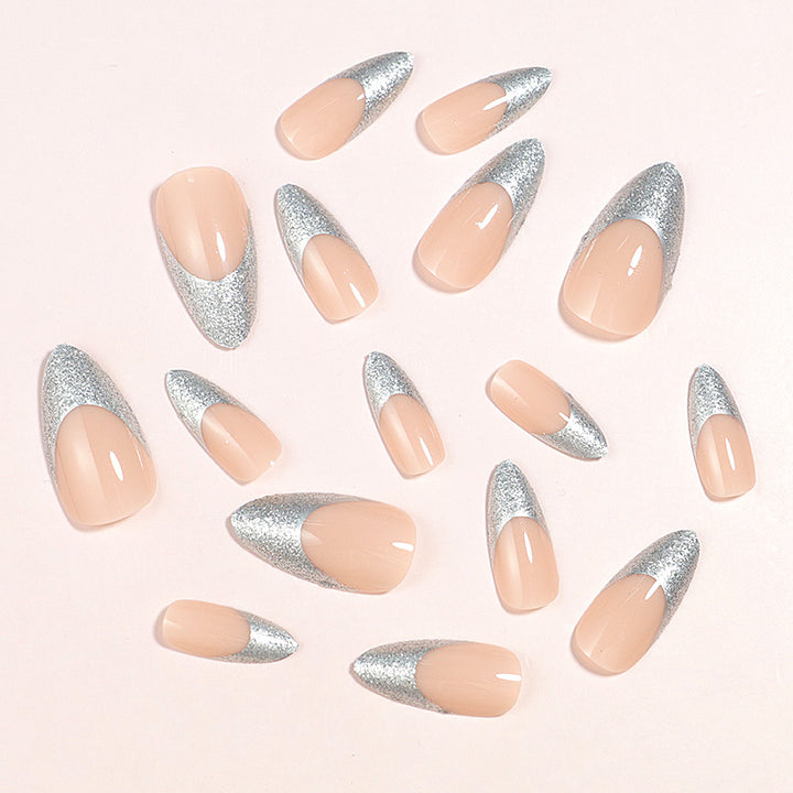 Elegant Glossy Almond-Shaped Press-On Nails with Silver Glitter Tips Stornfield