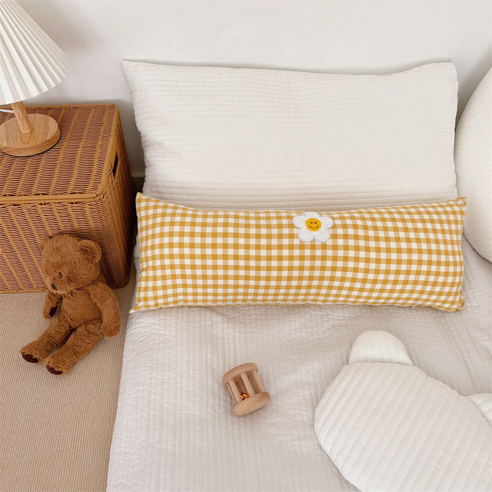 Gingham Bolster Nursery Pillow with Embroidered Daisy Appliqué Cotton Cover