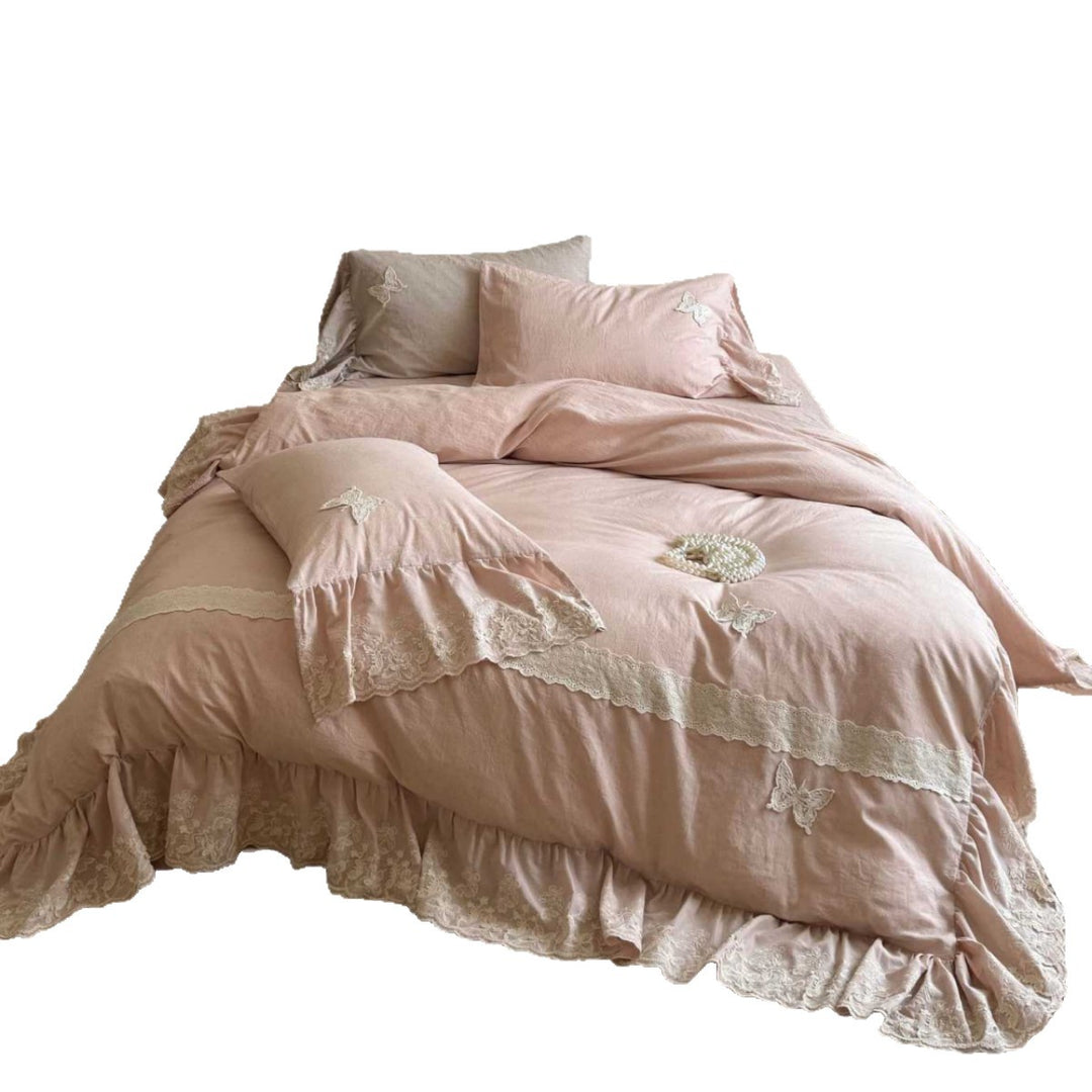 Ruffled Lace-Trimmed Cotton-Linen Duvet Cover Set with Embroidered Butterfly Appliqués