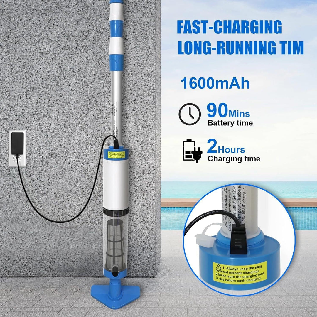Rechargeable handheld pool vacuum kit with interchangeable brush heads and telescopic pole Stornfield