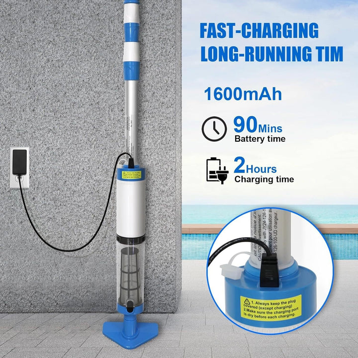 Rechargeable handheld pool vacuum kit with interchangeable brush heads and telescopic pole Stornfield