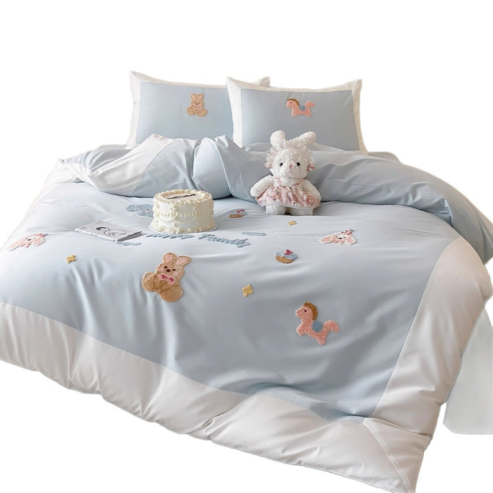 Cotton-Sateen Appliqué Bunny Duvet Cover Set with Contrast Border and Decorative Pillow Shams
