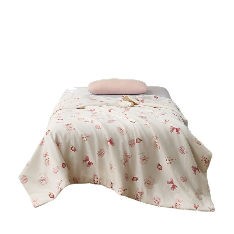 Double-layer muslin baby blanket with cute strawberry and bear motif