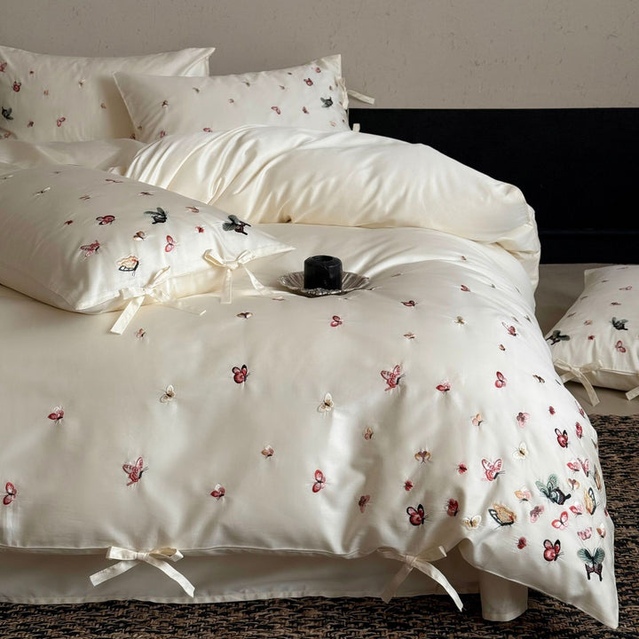 Embroidered Butterfly Cotton-Sateen Duvet Cover Set with Tied Pillow Shams