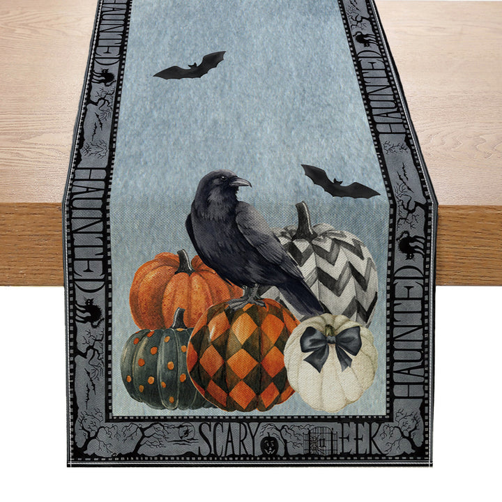 Halloween Cotton-Linen Table Runner with Sitting Cat and Pumpkin Illustration Decorative Border