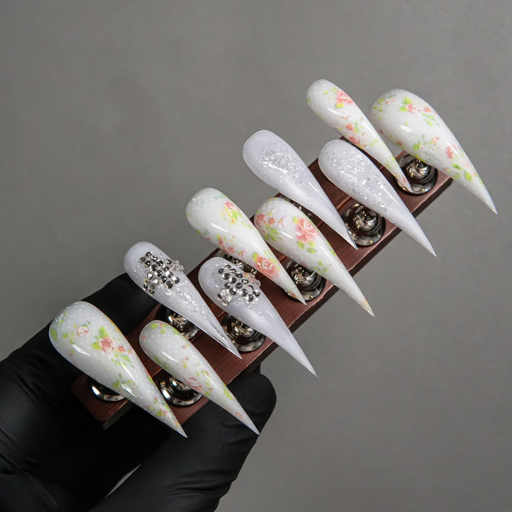 Elegant Stiletto Press-On Nail Set with Floral and Gem Accents
