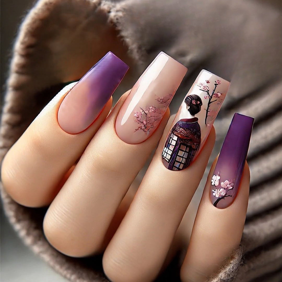 Elegant Artificial Nails Set with Ombre Design and Artistic Accents Stornfield