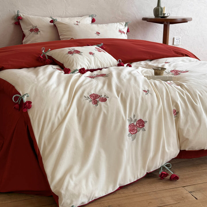 Embroidered Rose Cotton Sateen Reversible Duvet Cover Set