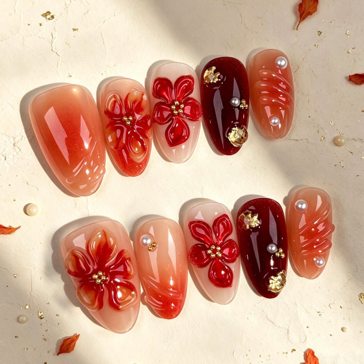 Artistic Press-On Nail Set with Floral Design