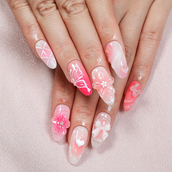 Creative print nail set with floral designs and decorative accents Stornfield