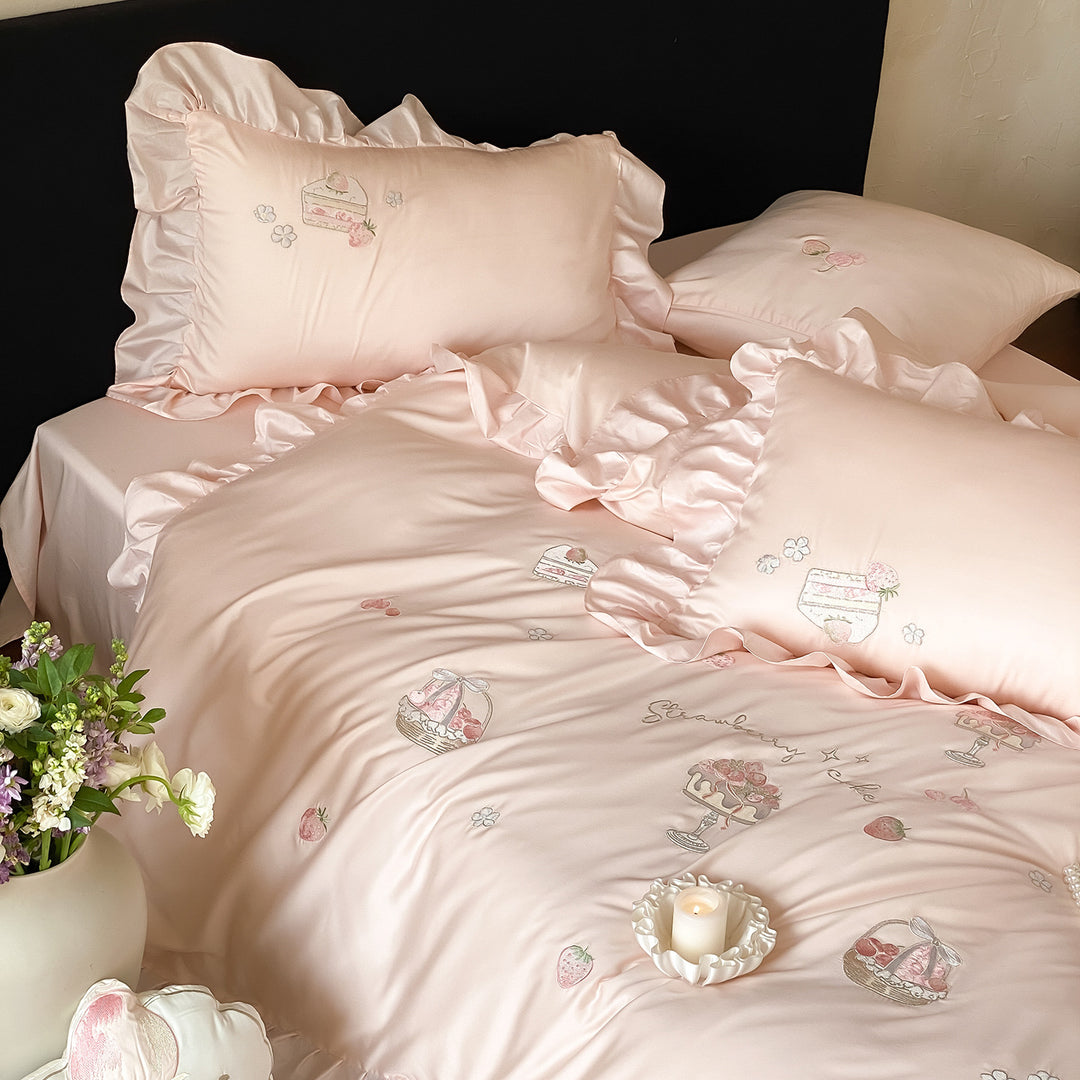 Luxurious satin bedding set with ruffles and hand-like dessert embroidery