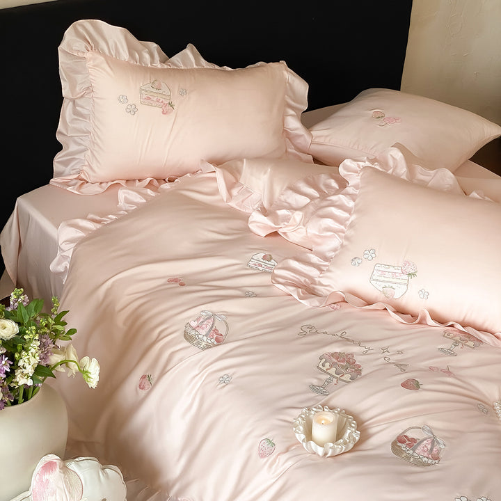 Luxurious satin bedding set with ruffles and hand-like dessert embroidery