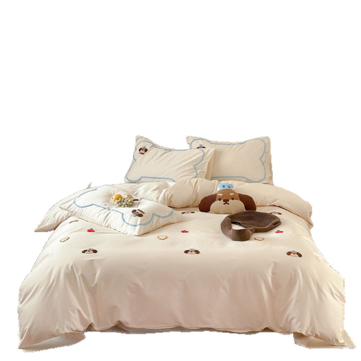 Embroidered Teddy Appliqué Cotton Duvet Bedding Set with Blue Piped Trim