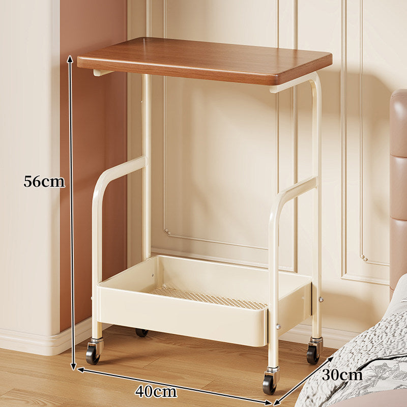 Narrow Mobile Bedside Rolling Table with Wood Top and Lower Metal Storage Tray
