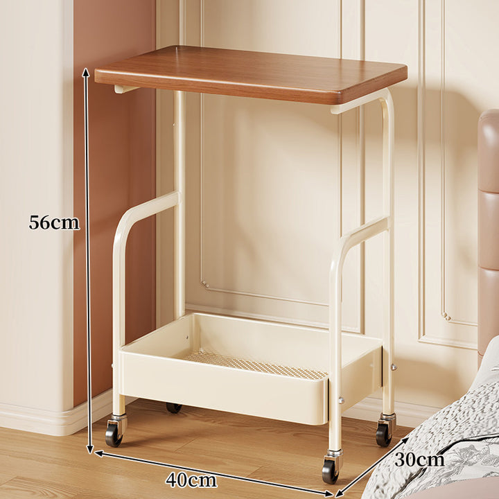 Narrow Mobile Bedside Rolling Table with Wood Top and Lower Metal Storage Tray