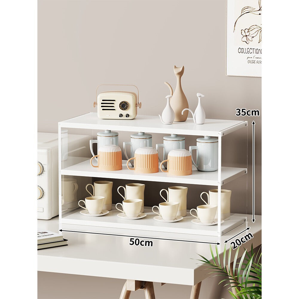 Compact Multi-Level Countertop Cup and Mug Display Shelf with Bamboo Shelves and Transparent Sides