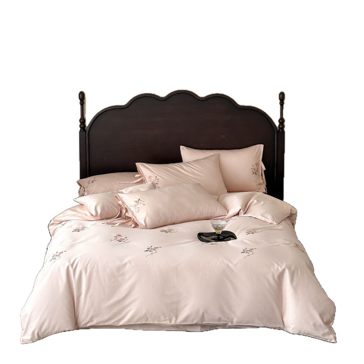 Satin-Feel Embroidered Blossom Duvet Cover Ensemble with Ribbon-Tie Shams